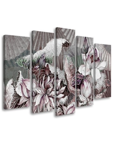 Lotus flower and fans - 5 part canvas for living room | FEEBY