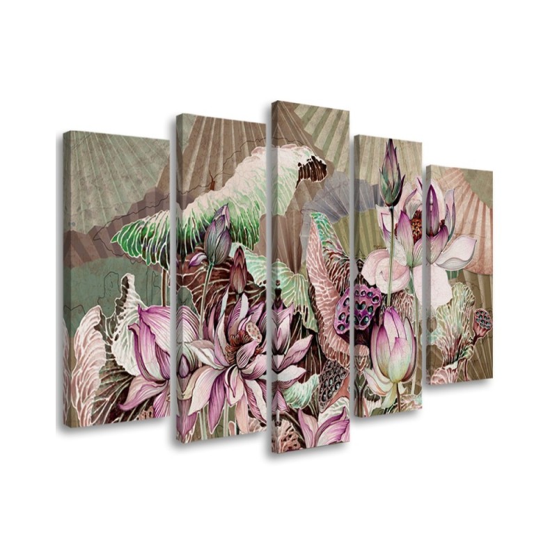 Lotus flower and fans - 5-part painting for the living room | FEEBY