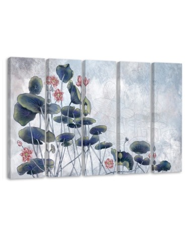 Red water lily - Pentaptych canvas painting | FEEBY