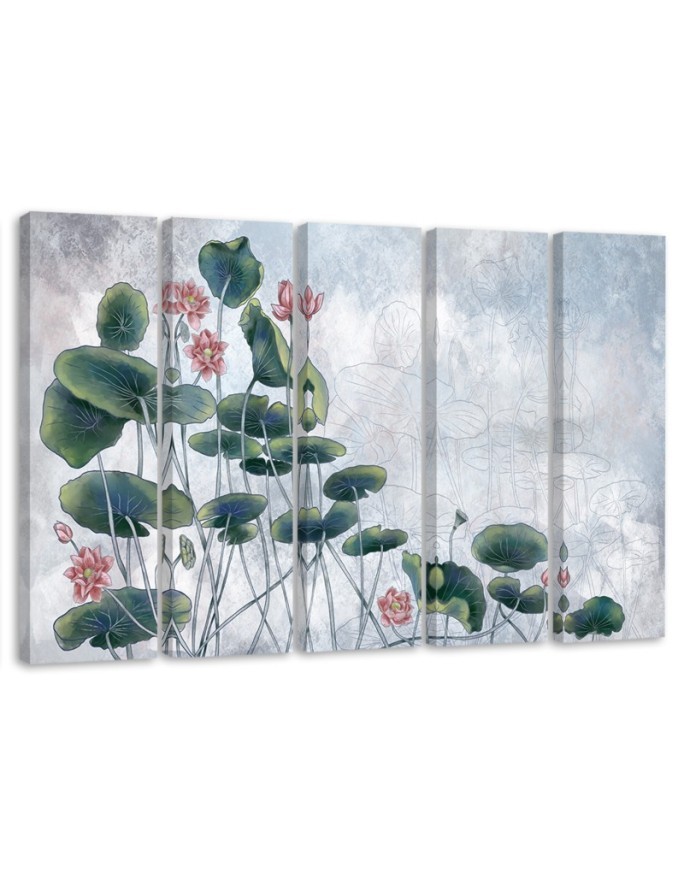 Canvas print 5 piece painting for living room - Red water lily | FEEBY