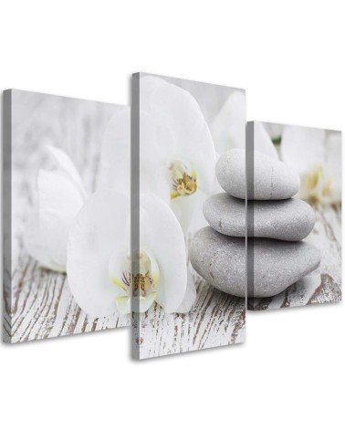 3 piece White orchid and stones - Modern painting for living room | FEEBY