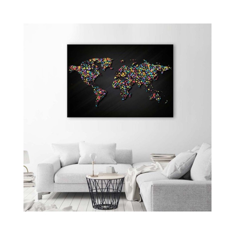 Dekoratives Leinwandbild - Weltkarte mit farbigen Punkten | Feeby