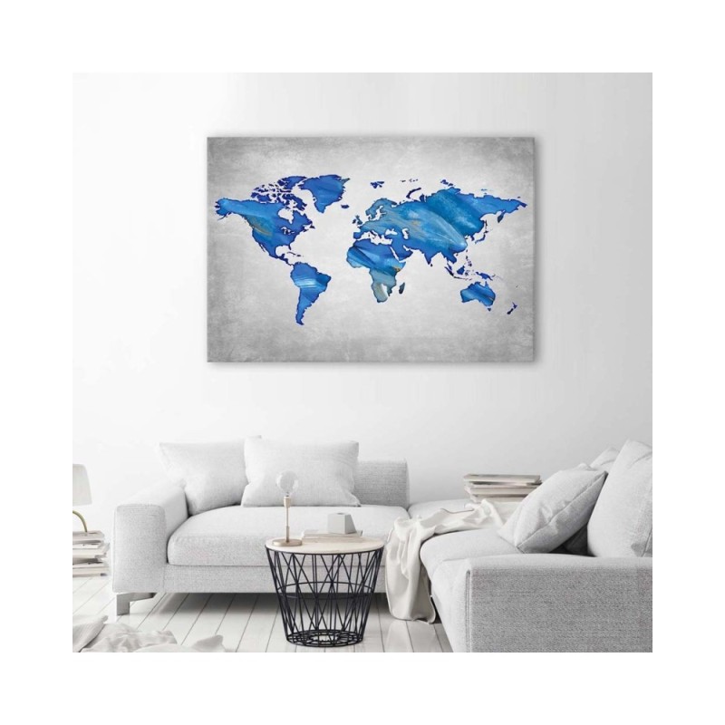 Wandbild für Wohnzimmer - Marineblaue Weltkarte auf Beton | Feeby