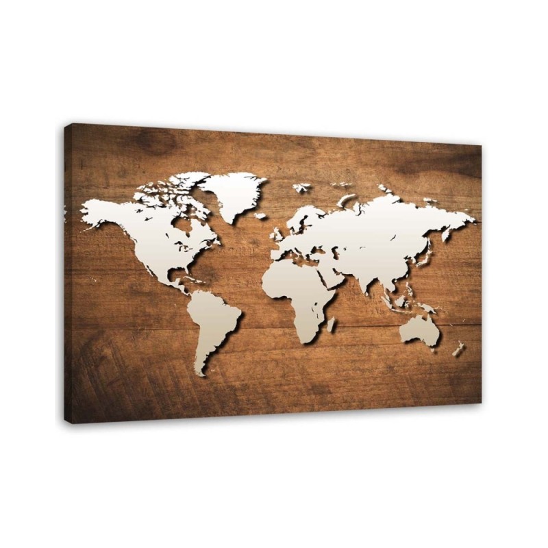 Wandbild für Wohnzimmer - Weltkarte auf Holzplanke | Feeby