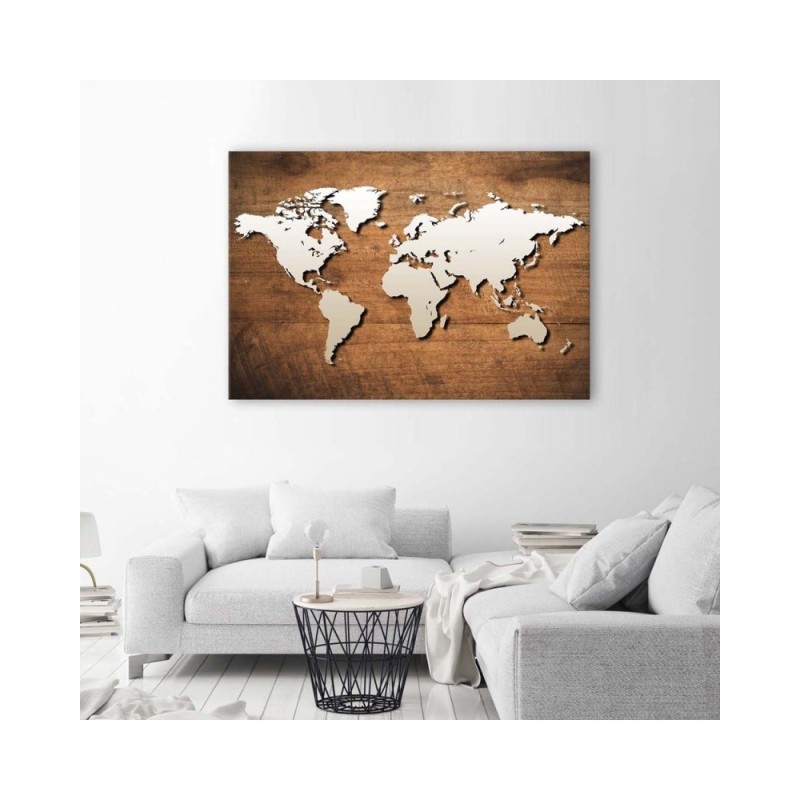 Wandbild für Wohnzimmer - Weltkarte auf Holzplanke | Feeby