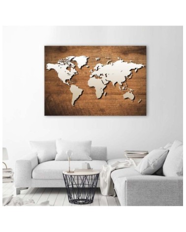 Wandbild für Wohnzimmer - Weltkarte auf Holzplanke | Feeby
