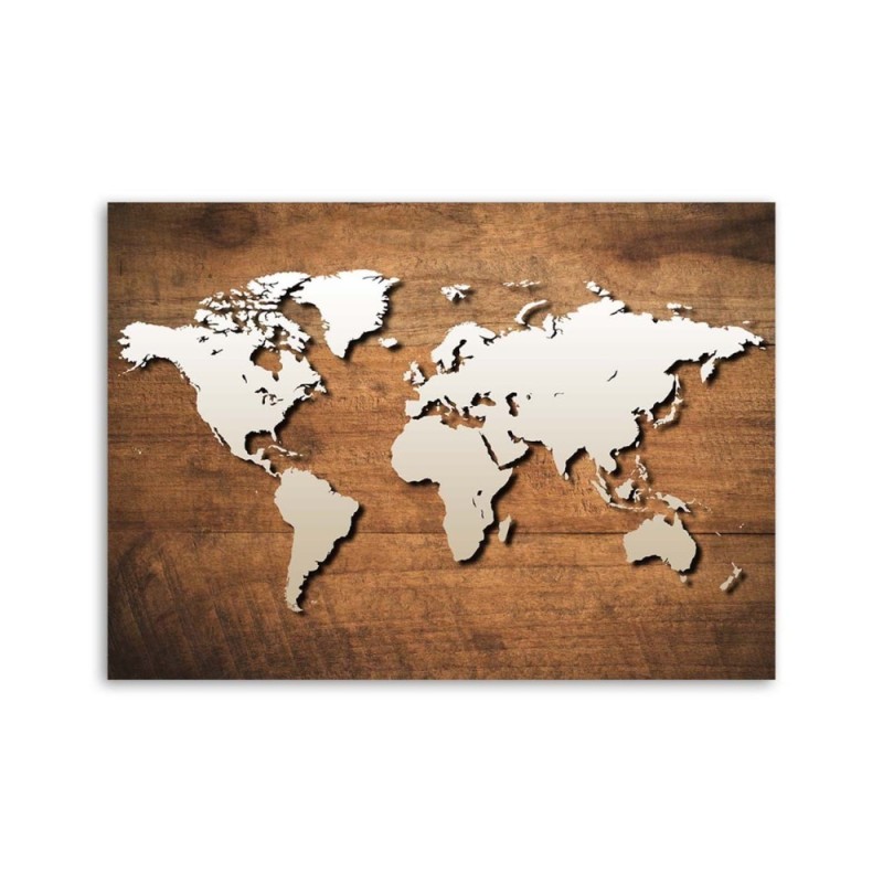 Wandbild für Wohnzimmer - Weltkarte auf Holzplanke | Feeby
