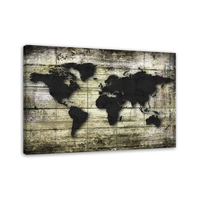 Leinwanddruck - Schwarze Weltkarte auf Brettern | Feeby