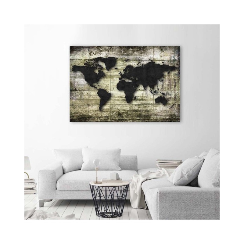 Leinwanddruck - Schwarze Weltkarte auf Brettern | Feeby