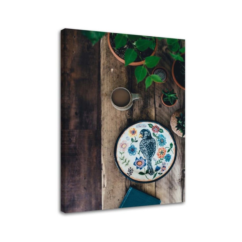 Dekoratives Leinwandbild - Teller mit Vogel | Feeby