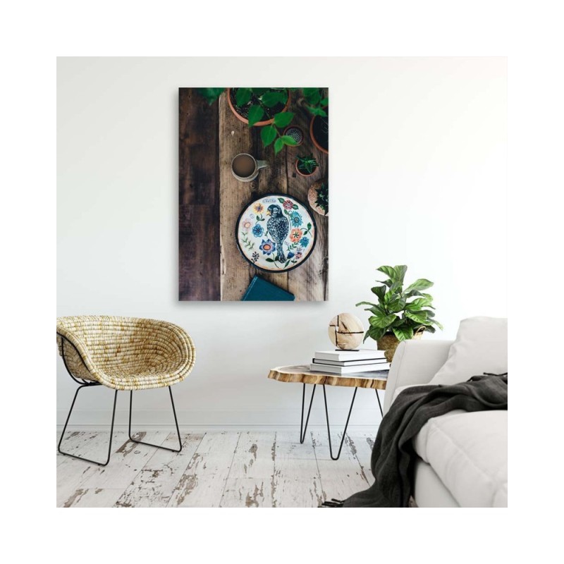 Dekoratives Leinwandbild - Teller mit Vogel | Feeby