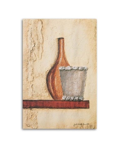 Leinwandbild - Tonkrug auf einem Holzregal | Feeby