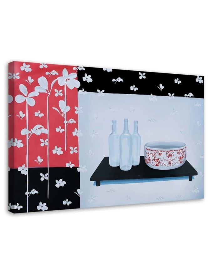 Bild auf Leinwand - Glasflaschen und Schale | Feeby