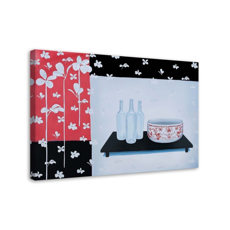 Bild auf Leinwand - Glasflaschen und Schale | Feeby