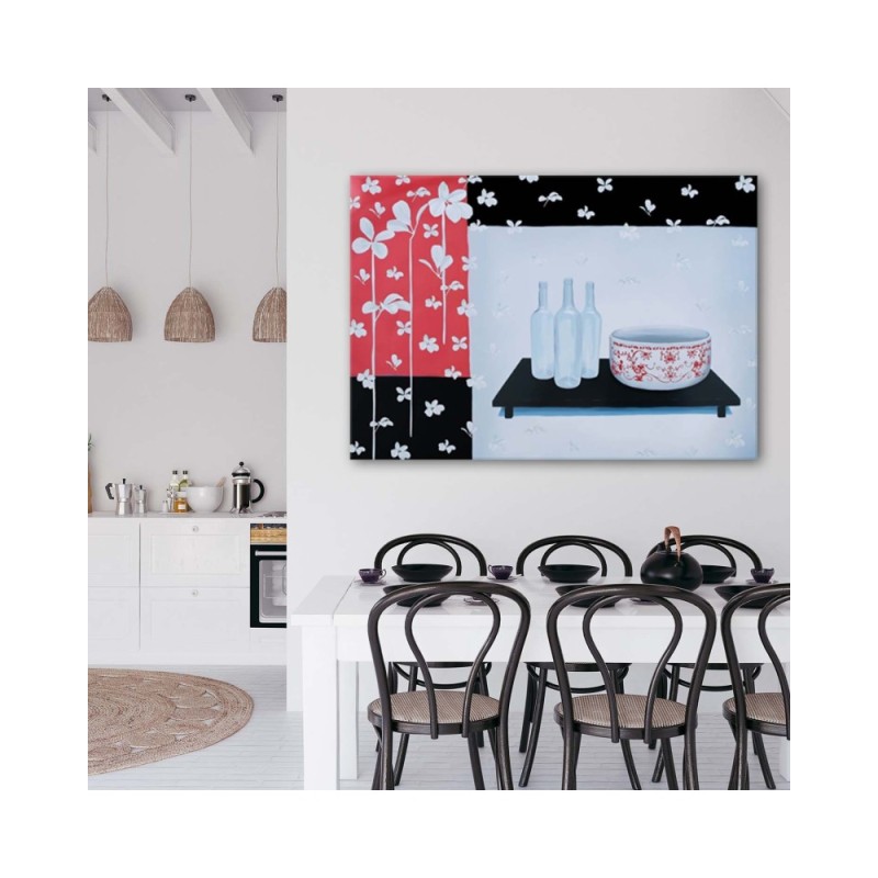 Bild auf Leinwand - Glasflaschen und Schale | Feeby