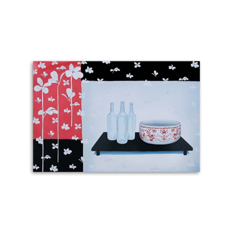 Bild auf Leinwand - Glasflaschen und Schale | Feeby