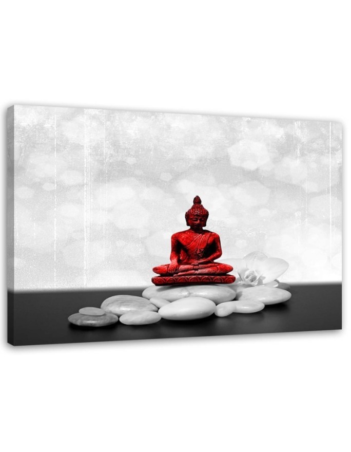 Wandbild für Wohnzimmer - Roter Buddha auf Steinen | Feeby