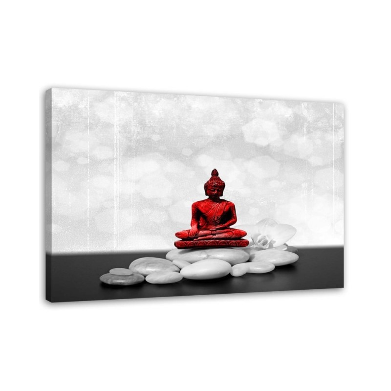 Wandbild für Wohnzimmer - Roter Buddha auf Steinen | Feeby
