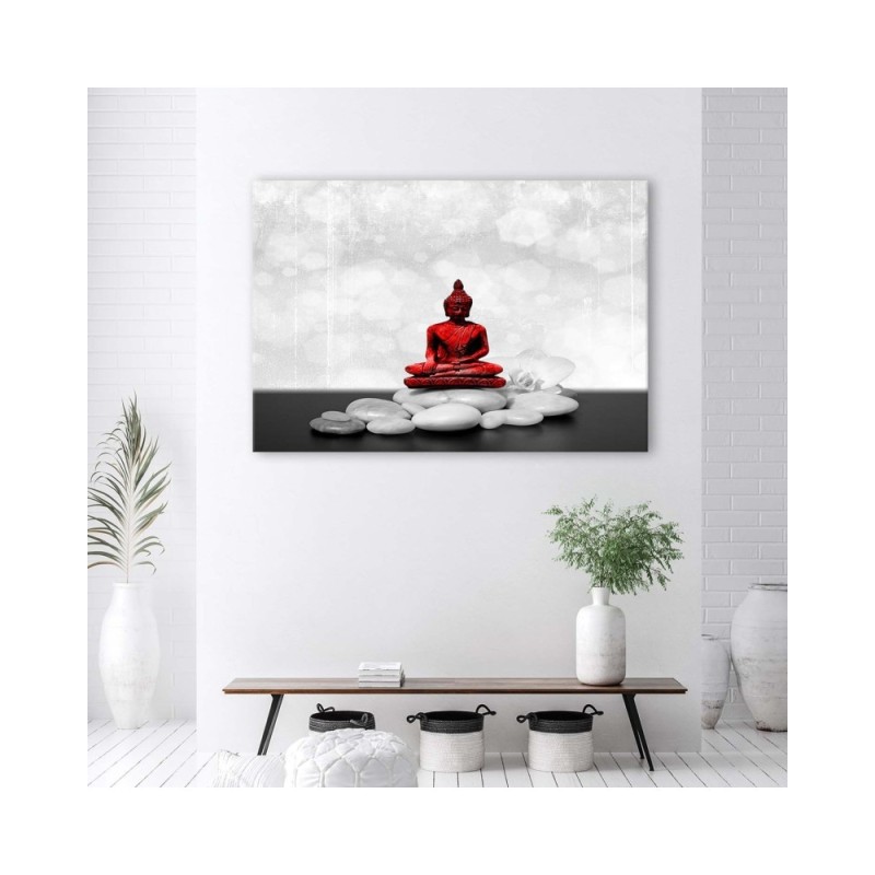 Wandbild für Wohnzimmer - Roter Buddha auf Steinen | Feeby