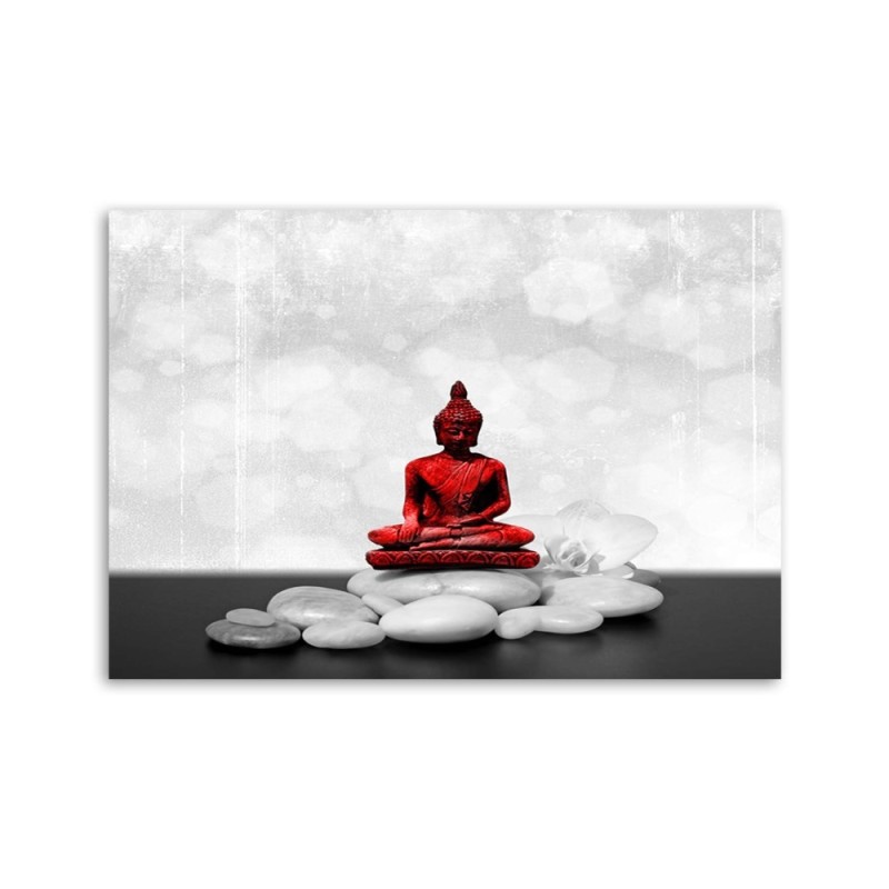 Wandbild für Wohnzimmer - Roter Buddha auf Steinen | Feeby