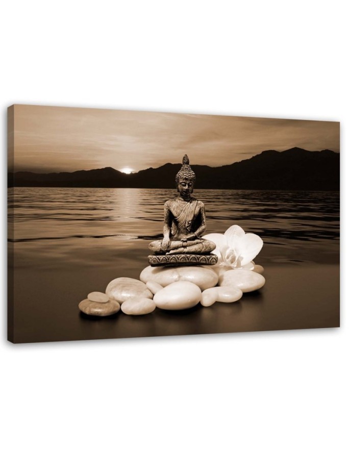 Leinwandbild - Buddha auf den Steinen - schwarz und weiß | Feeby