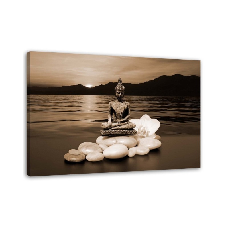 Leinwandbild - Buddha auf den Steinen - schwarz und weiß | Feeby