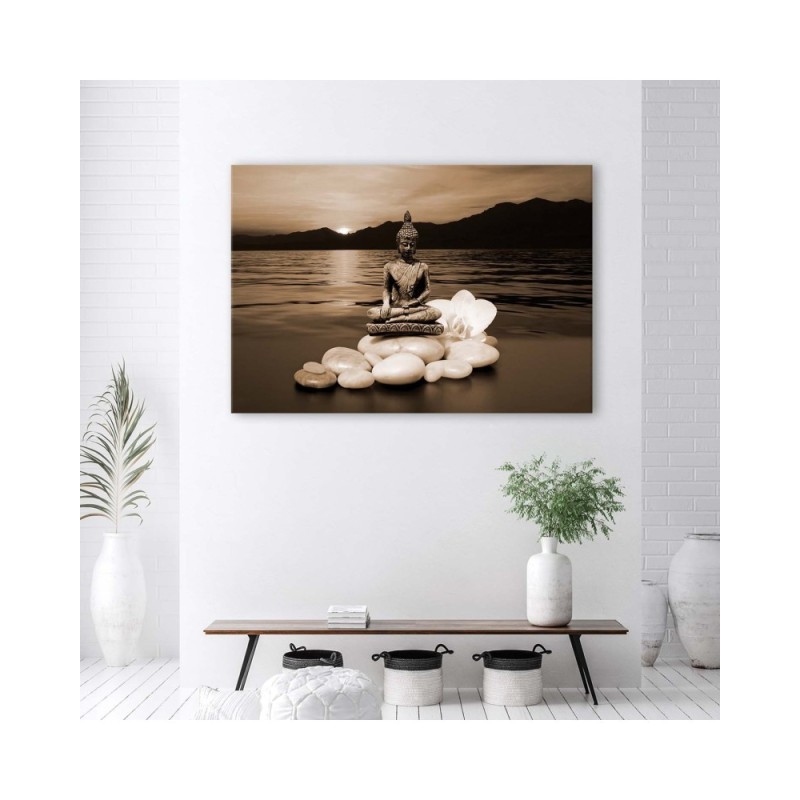 Leinwandbild - Buddha auf den Steinen - schwarz und weiß | Feeby