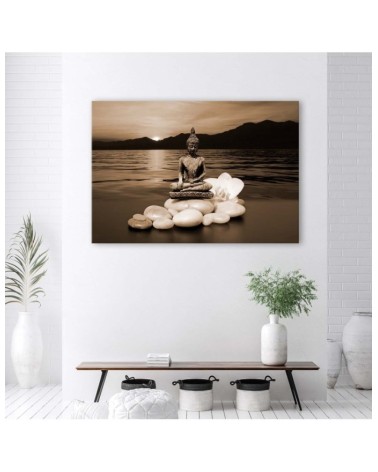 Leinwandbild - Buddha auf den Steinen - schwarz und weiß | Feeby