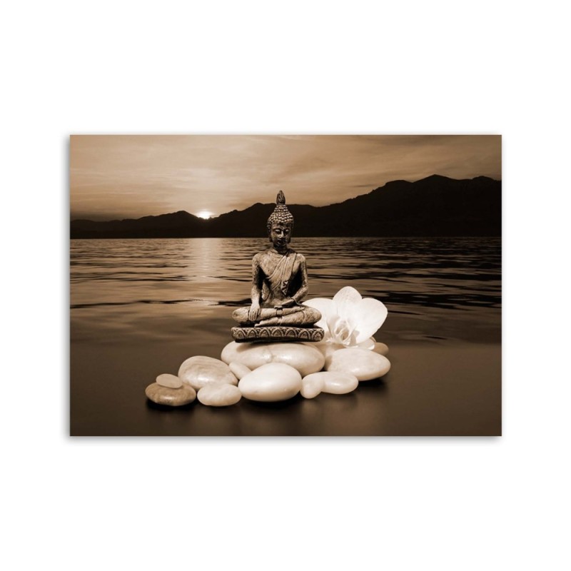 Leinwandbild - Buddha auf den Steinen - schwarz und weiß | Feeby
