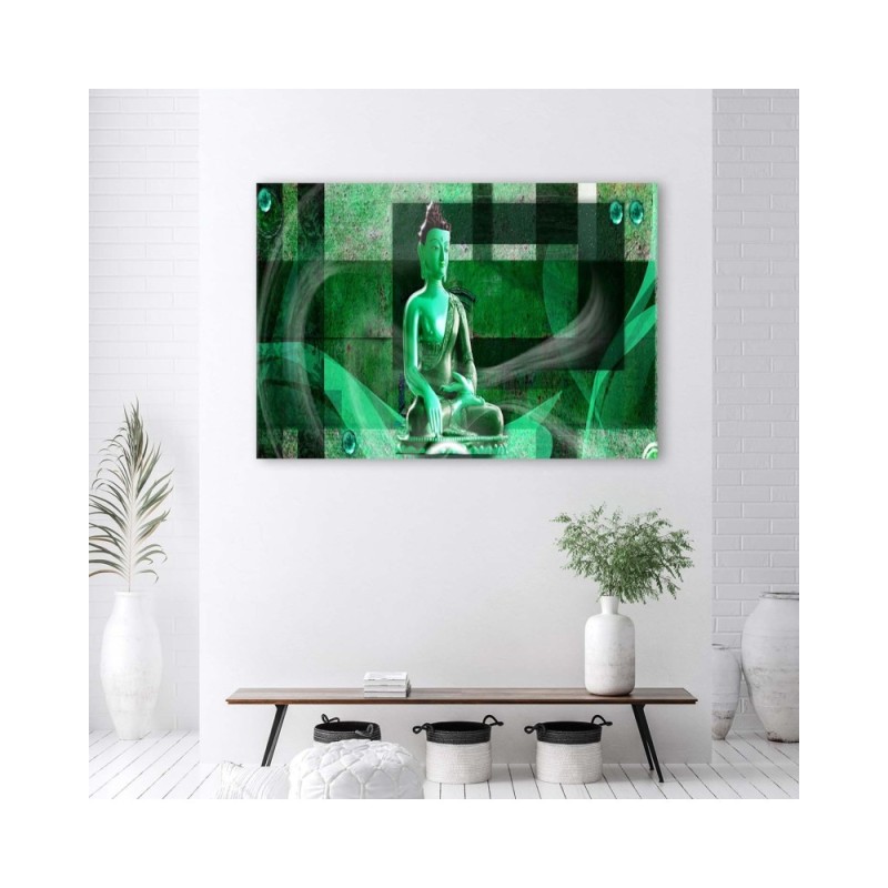 Leinwandbild - Buddha auf geometrischem Hintergrund - grün | Feeby
