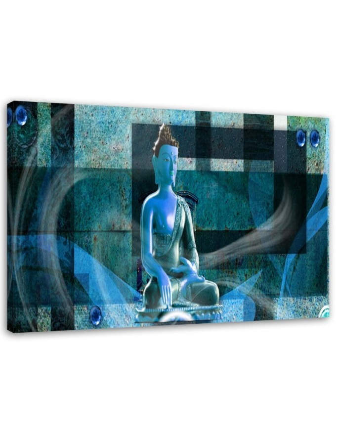 Leinwandbild - Buddha auf geometrischem Hintergrund - blau | Feeby