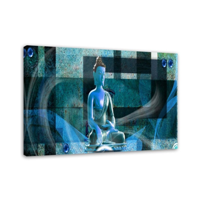Leinwandbild - Buddha auf geometrischem Hintergrund - blau | Feeby