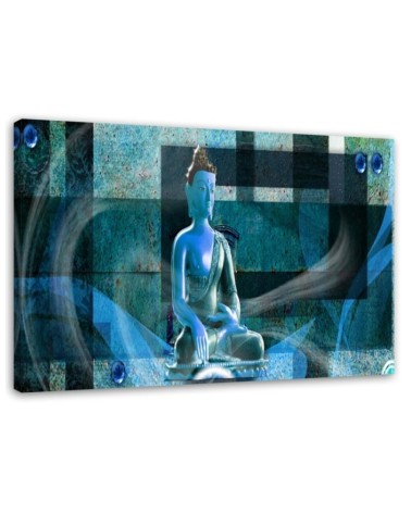 Leinwandbild - Buddha auf geometrischem Hintergrund - blau | Feeby