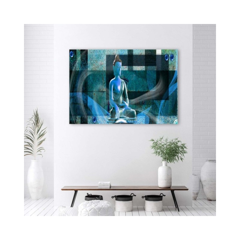 Leinwandbild - Buddha auf geometrischem Hintergrund - blau | Feeby