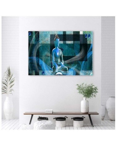 Leinwandbild - Buddha auf geometrischem Hintergrund - blau | Feeby