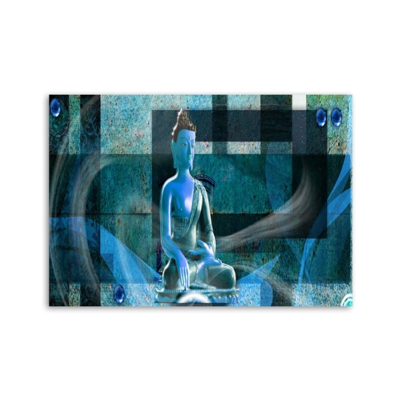 Leinwandbild - Buddha auf geometrischem Hintergrund - blau | Feeby