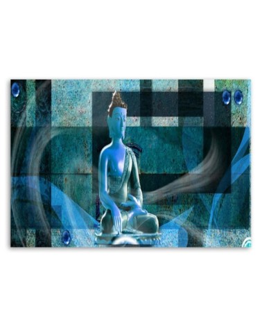 Leinwandbild - Buddha auf geometrischem Hintergrund - blau | Feeby