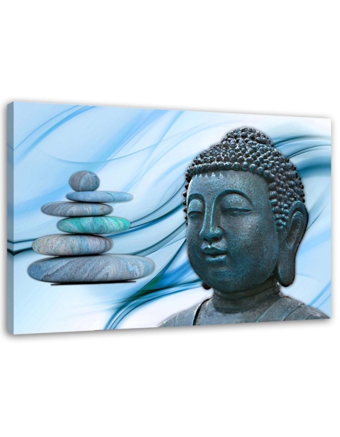 Modernes Wandbild - Buddhas Kopf und Steine - blau | Feeby