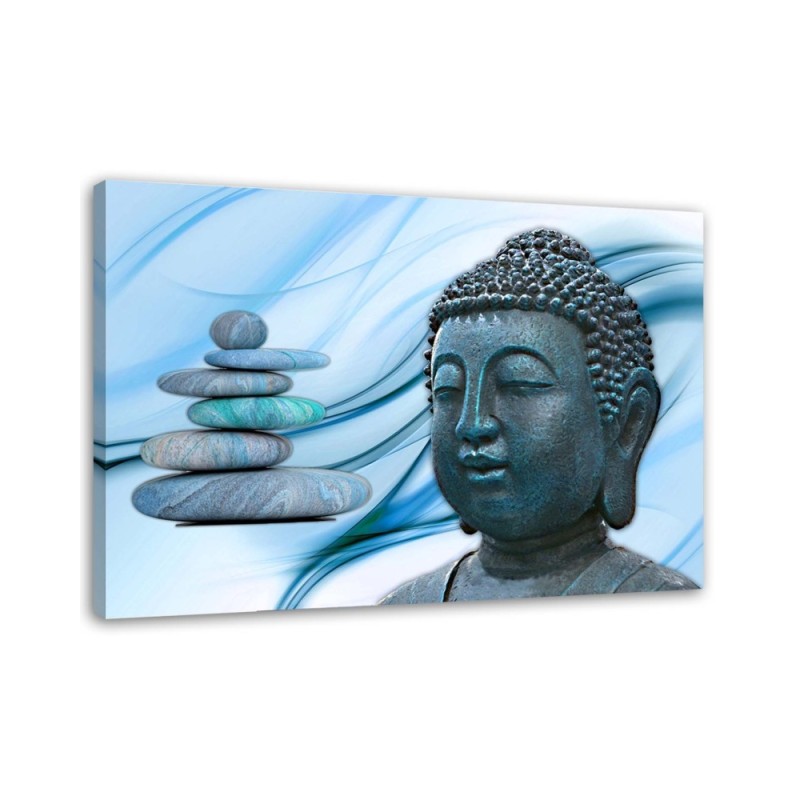 Modernes Wandbild - Buddhas Kopf und Steine - blau | Feeby