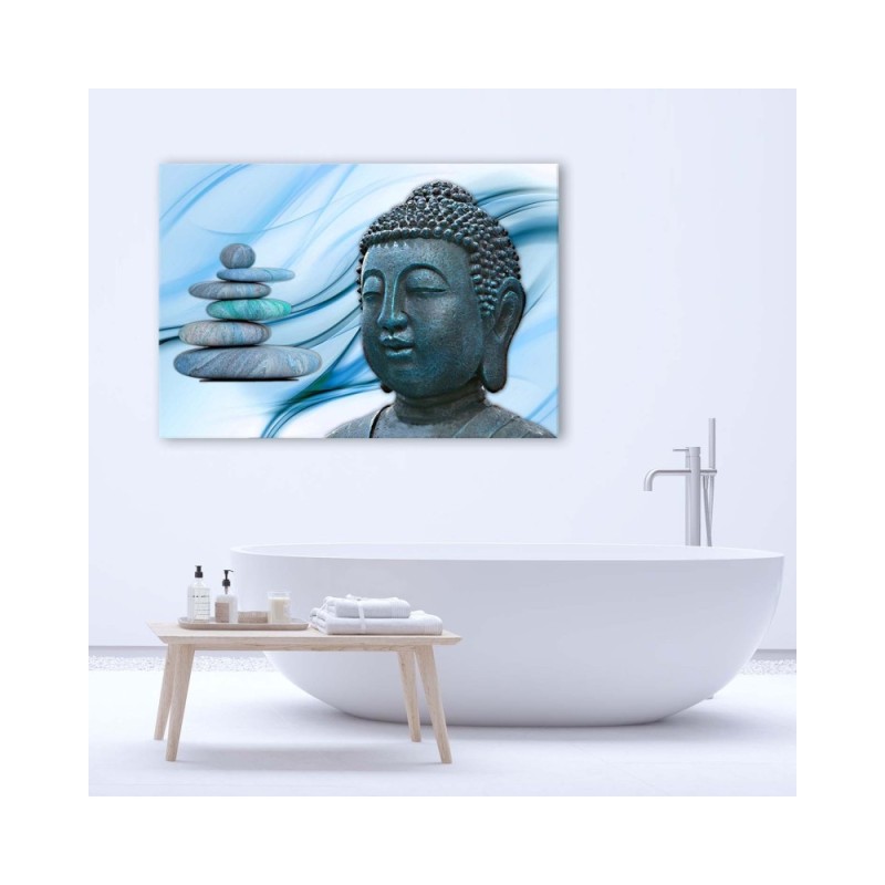 Modernes Wandbild - Buddhas Kopf und Steine - blau | Feeby