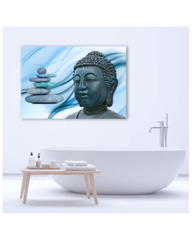Modernes Wandbild - Buddhas Kopf und Steine - blau | Feeby