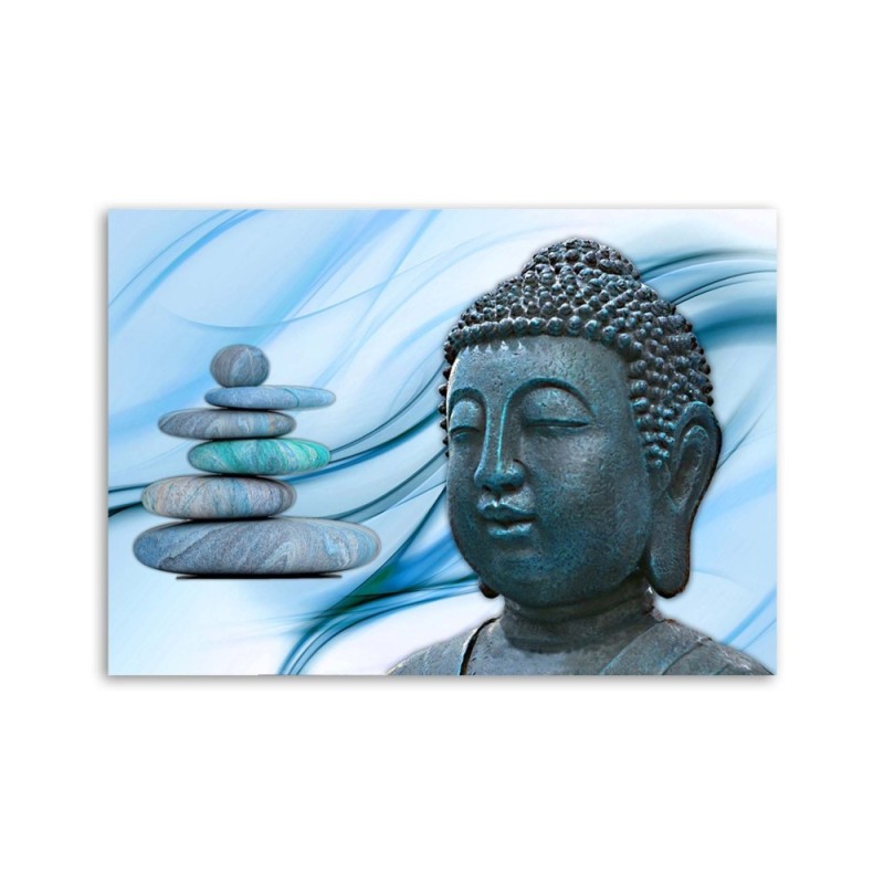 Modernes Wandbild - Buddhas Kopf und Steine - blau | Feeby