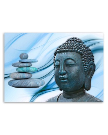 Modernes Wandbild - Buddhas Kopf und Steine - blau | Feeby