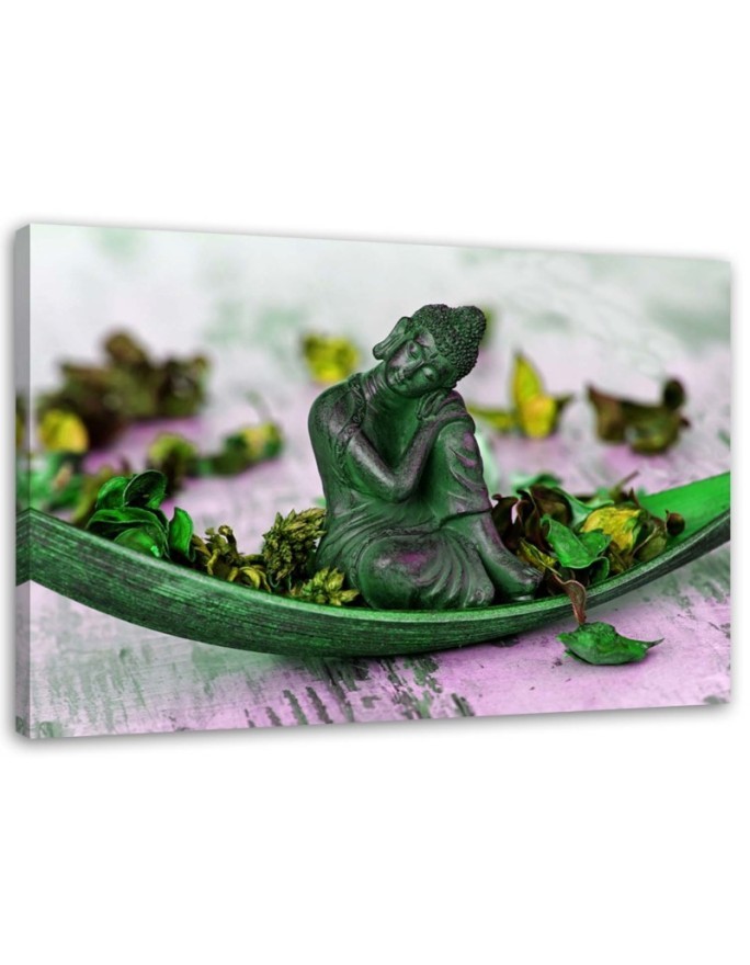 Leinwandbild - Buddhafigur mit Blütenblättern | Feeby