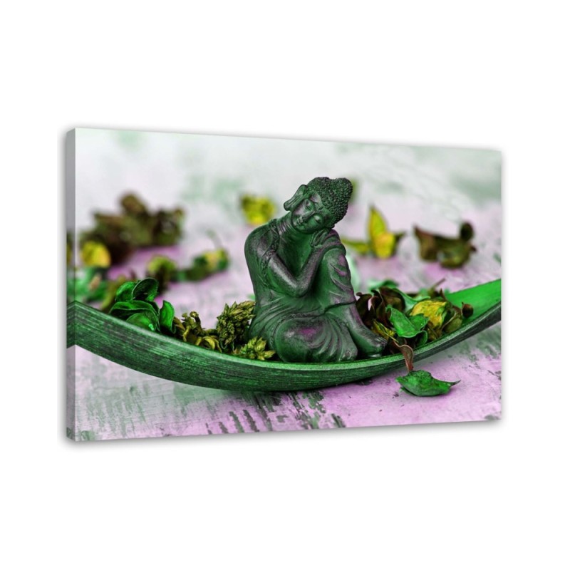 Leinwandbild - Buddhafigur mit Blütenblättern | Feeby