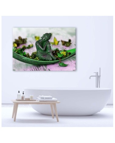 Leinwandbild - Buddhafigur mit Blütenblättern | Feeby