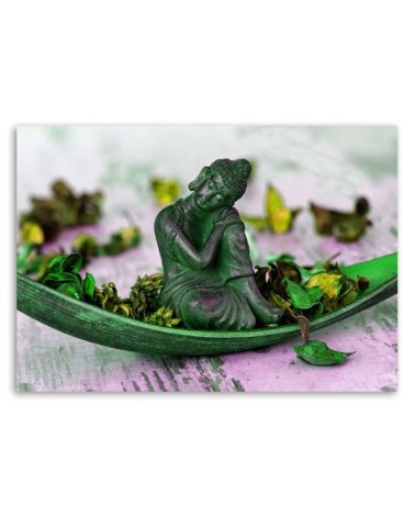 Leinwandbild - Buddhafigur mit Blütenblättern | Feeby