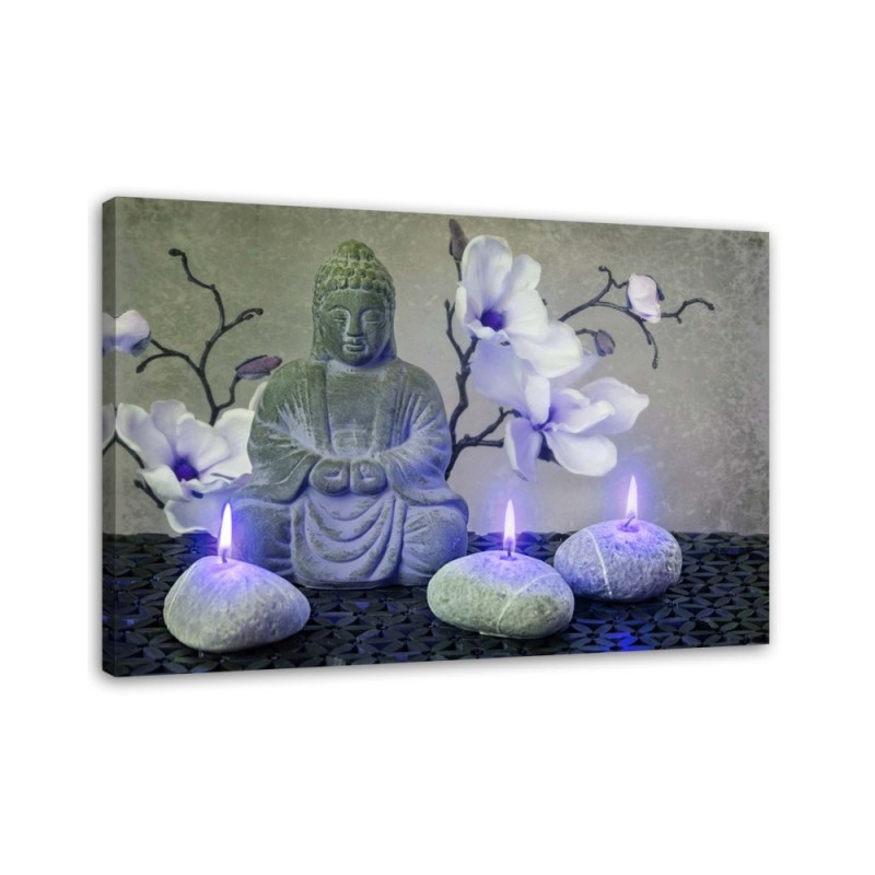 Dekoratives Leinwandbild - Buddha mit Orchideen und Kerzen | Feeby