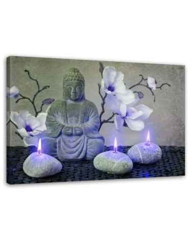 Dekoratives Leinwandbild - Buddha mit Orchideen und Kerzen | Feeby