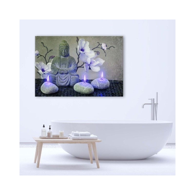 Dekoratives Leinwandbild - Buddha mit Orchideen und Kerzen | Feeby